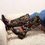 Floral Pattern Genuine Leather Splicing Knee Flat Boots