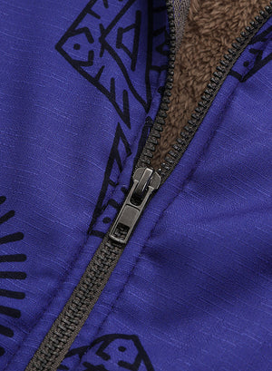 Ethnic Print Fleece Zipper Loose Hooded Coat