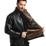Men's Winter Casual Business Thicken Fleece Lining Zip Up PU Leather Jacket