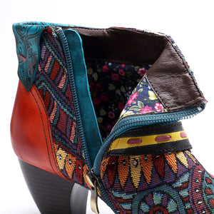 Bohemian Splicing Pattern Zipper Ankle Leather Boots