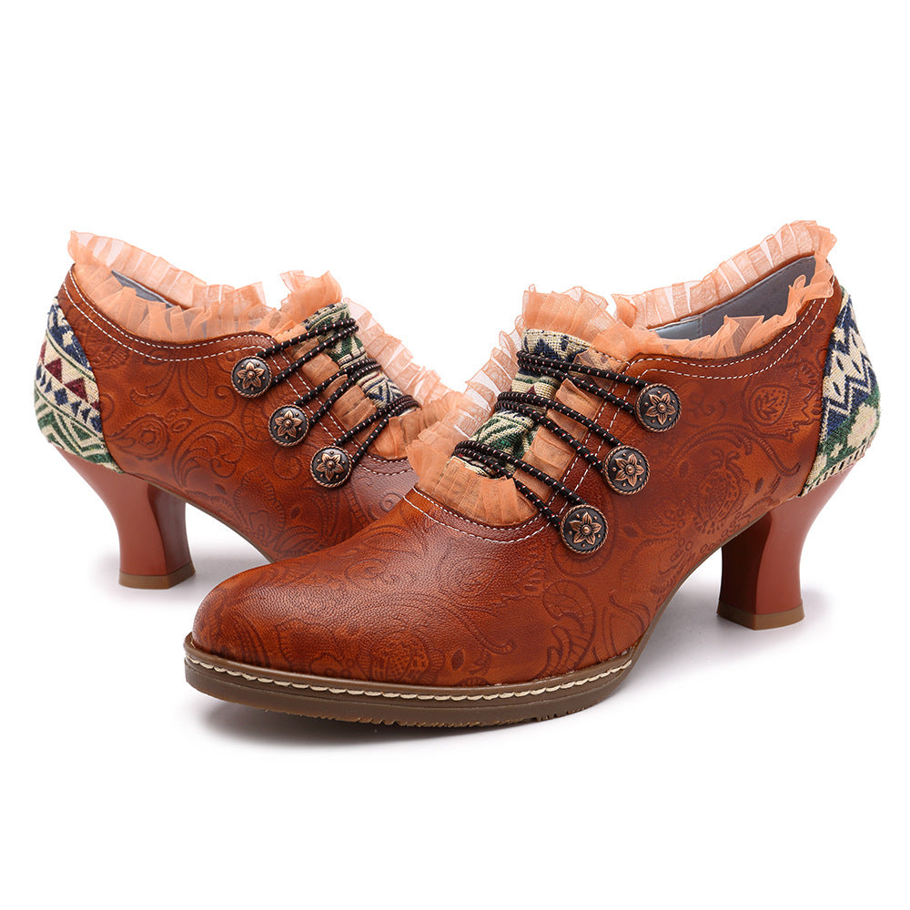 Retro Classic Buckle Printing Splicing Mid Heel Leather Pumps