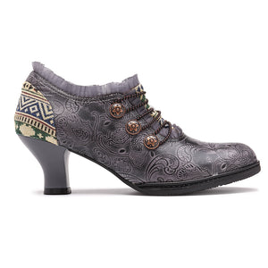 Retro Classic Buckle Printing Splicing Mid Heel Leather Pumps