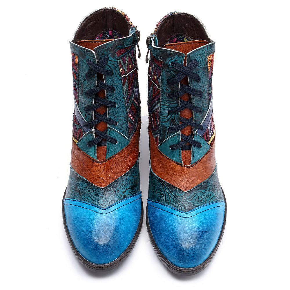 Bohemian Splicing Pattern Block Zipper Ankle Leather Boots