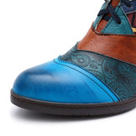 Bohemian Splicing Pattern Block Zipper Ankle Leather Boots