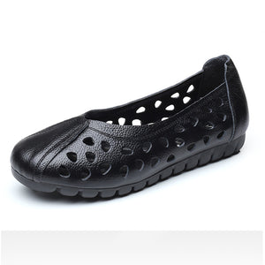 Hollow Out Leather Breathable Casual Slip On Flat Shoes