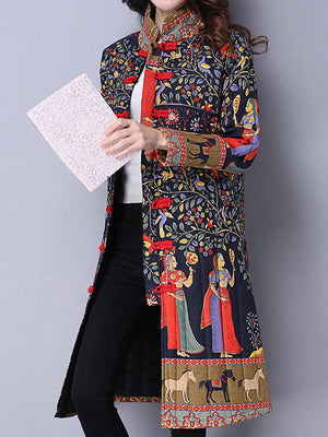 Ethnic Women Long Sleeve Printed Frog Button Stand Collar Coats