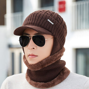 Men Winter Warm Ears Velvet Knit Beanie Scarf Cotton Hats