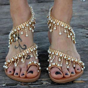 Women Leather Sandals Casual Pearls Shoes
