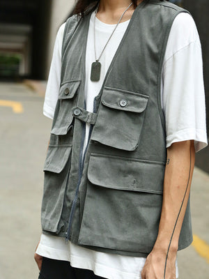 Japanese Retro Loose Tooling Big Pocket Vest