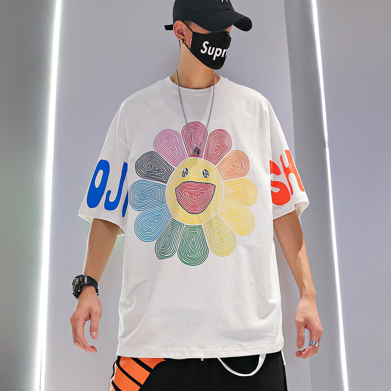 Summer sun flower smiley face print loose hip hop t-shirt