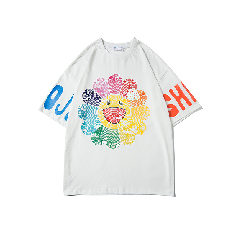 Summer sun flower smiley face print loose hip hop t-shirt