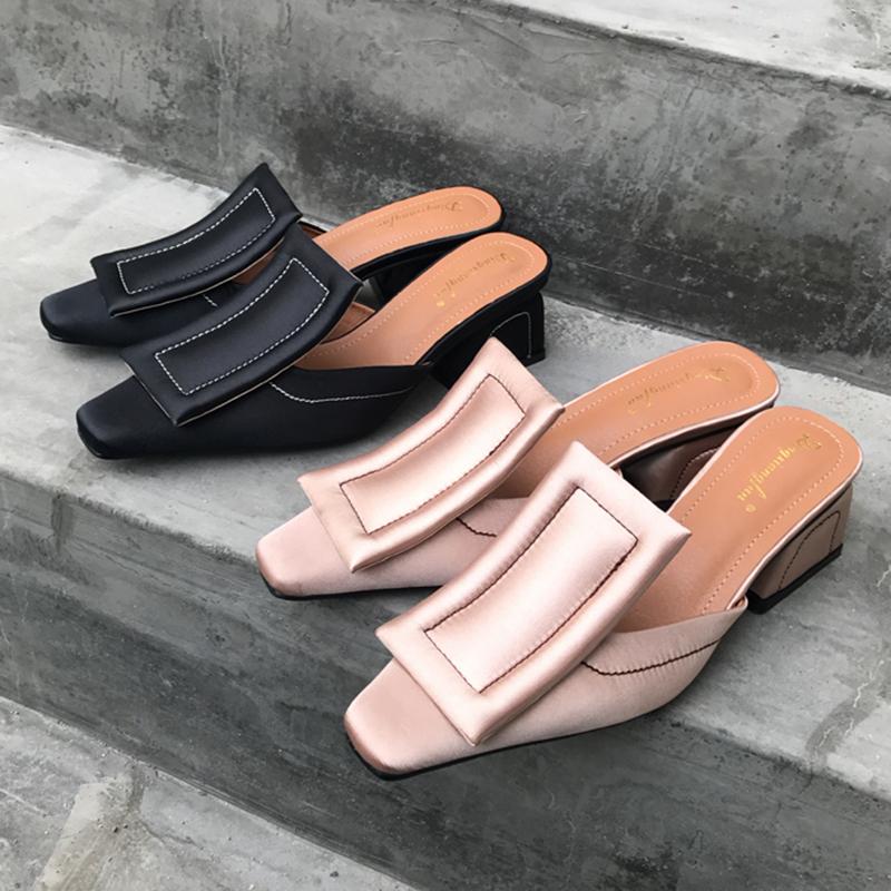 Chunky Heel Genuine Leather Square Toe Shoes