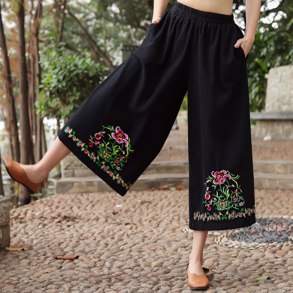 2019 Casual Embroidery Wide Leg Elastic Waist Loose  Pants