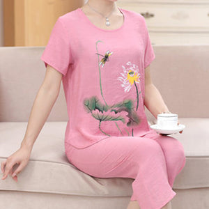 Women's Home Sets Lotus Print T-shirt + Trousers Casual Two-piece