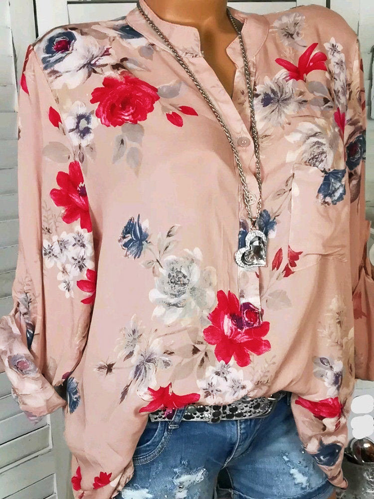 Floral Printed Stand Collar Long Sleeve Chiffon Blouses