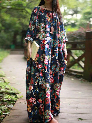 Vintage Women Long Sleeve Floral Printed Loose Long Maxi Dresses