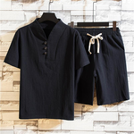 Men's Breathable Linen Home Sets Summer Short Sleeve Tops Drawstring Shorts