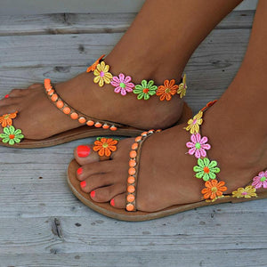 Ladies Handmade Sweet Flower Ankle Strap Flip-flop Flat