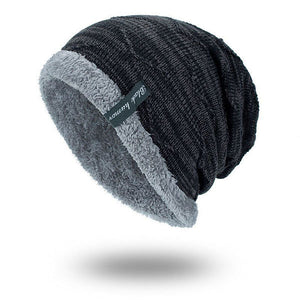 Men's Solid Color Stripe Knit Plus Velvet Fashion Beanie Hats