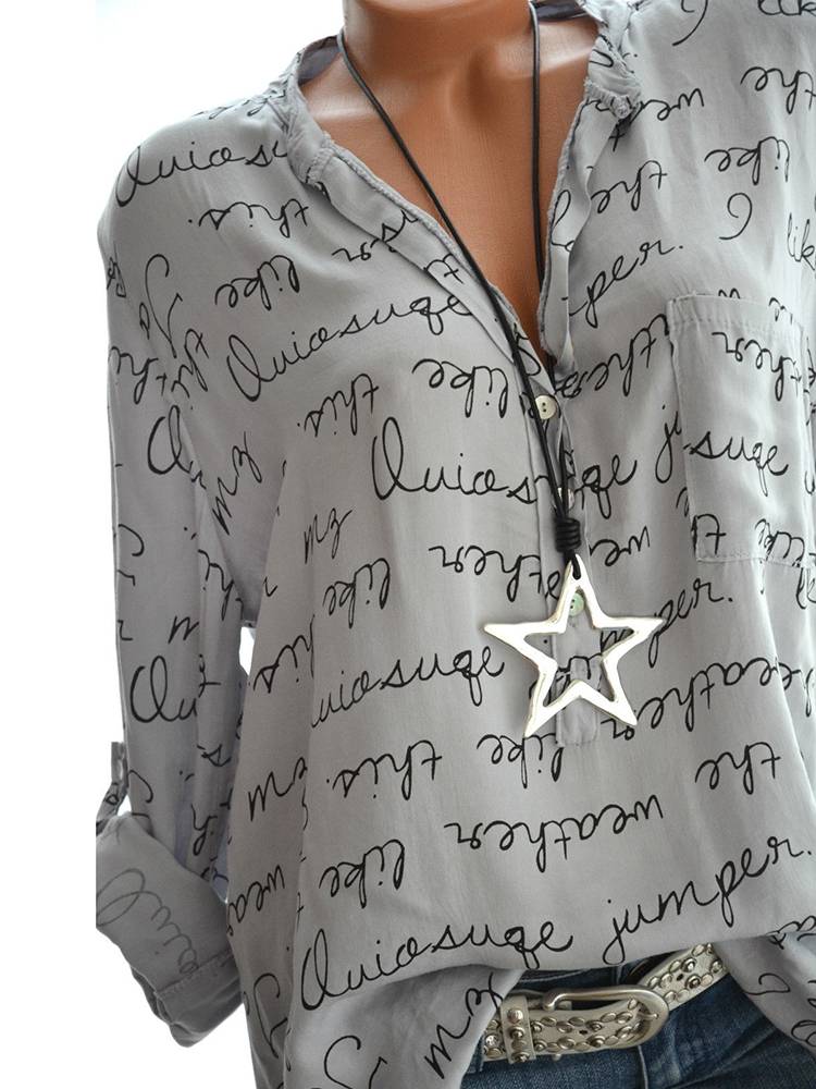 Printed Letters V-neck Button Long Sleeve Shirts