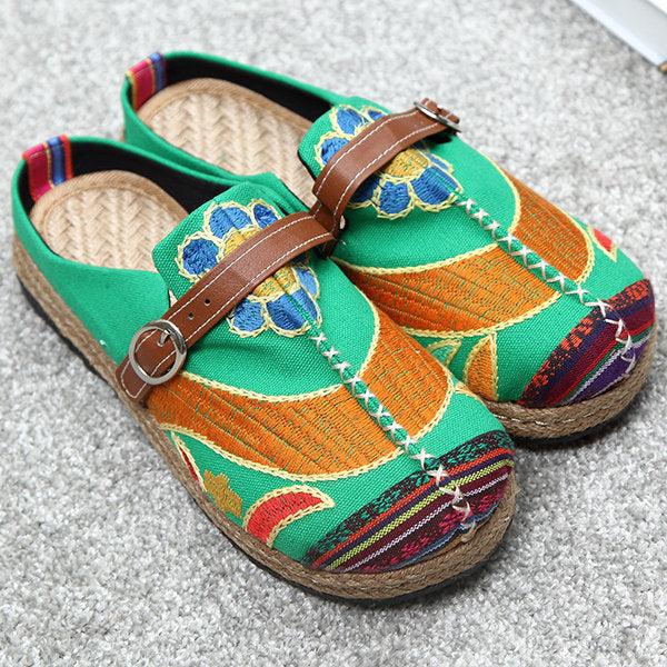Colorful Embroidered Buckle Folkways Backless Loafers For Women