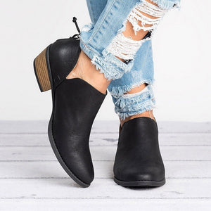 Women Casual Solid Color Zipper Low Heel Ankle Boots