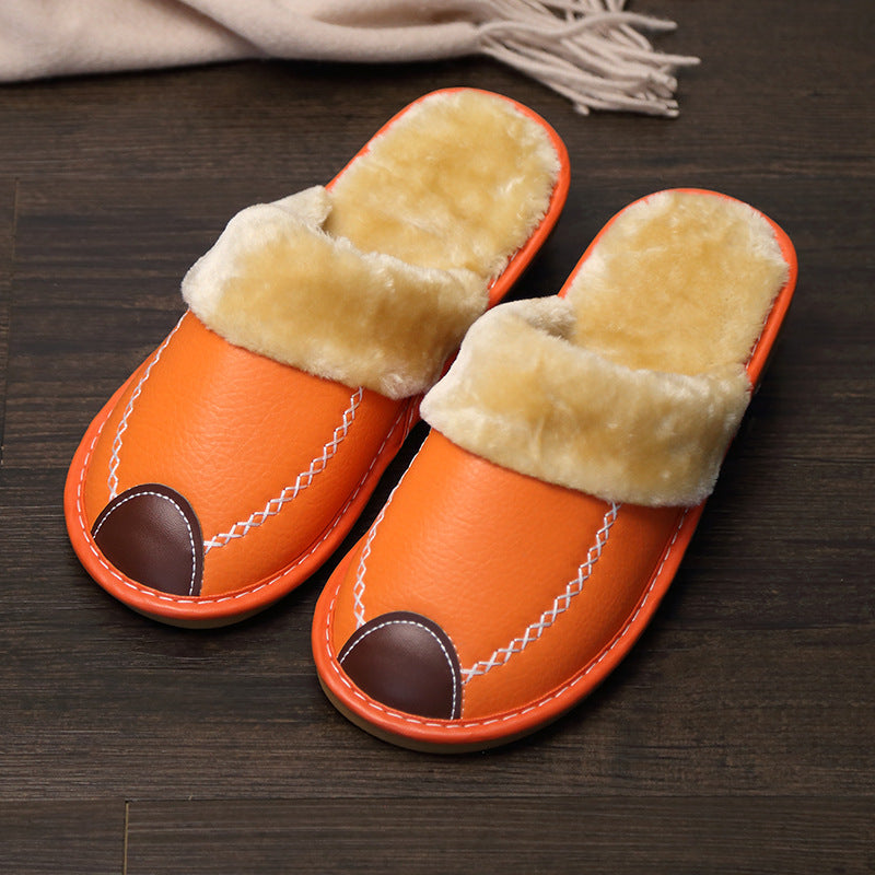 Winter PU Leather Warm Indoor Slippers