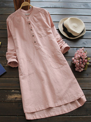 Women Pure Color Buttons Vintage Shirt Mini Dresses