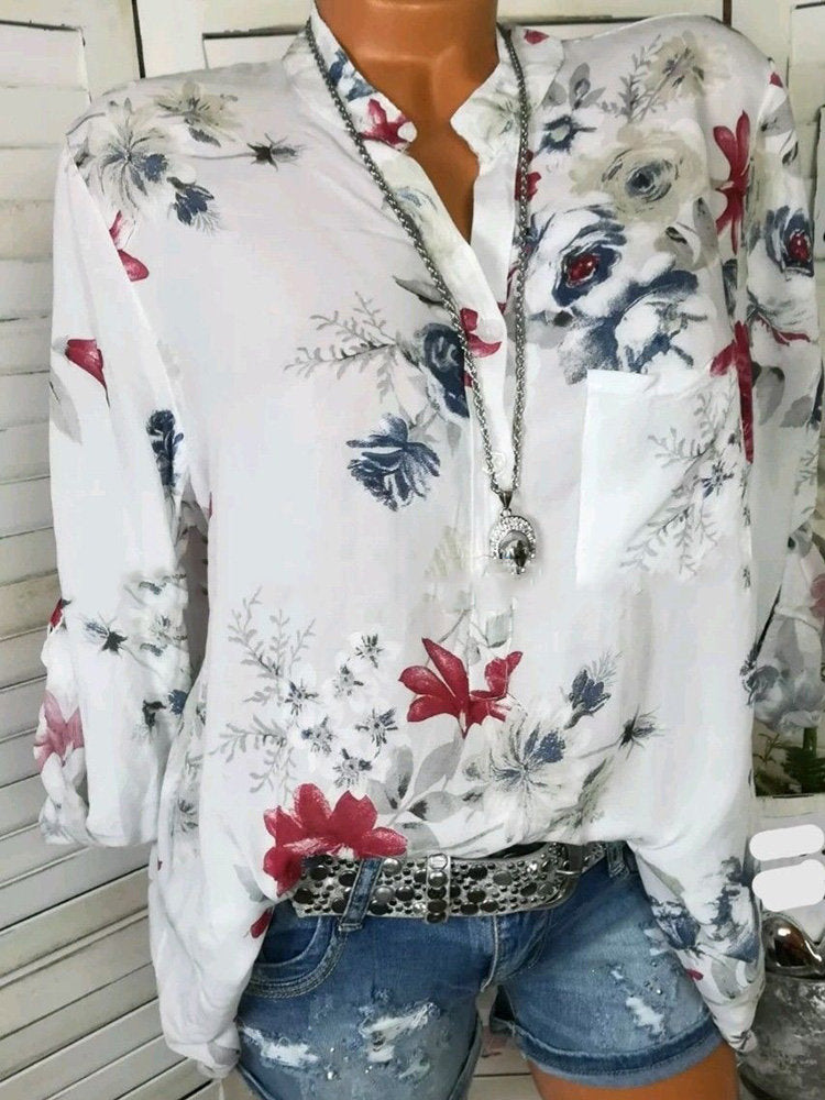 Floral Printed Stand Collar Long Sleeve Chiffon Blouses