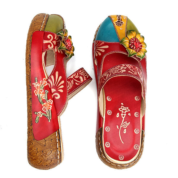 Vintage Colorful Leather Hollow Out Backless Flower Slippers