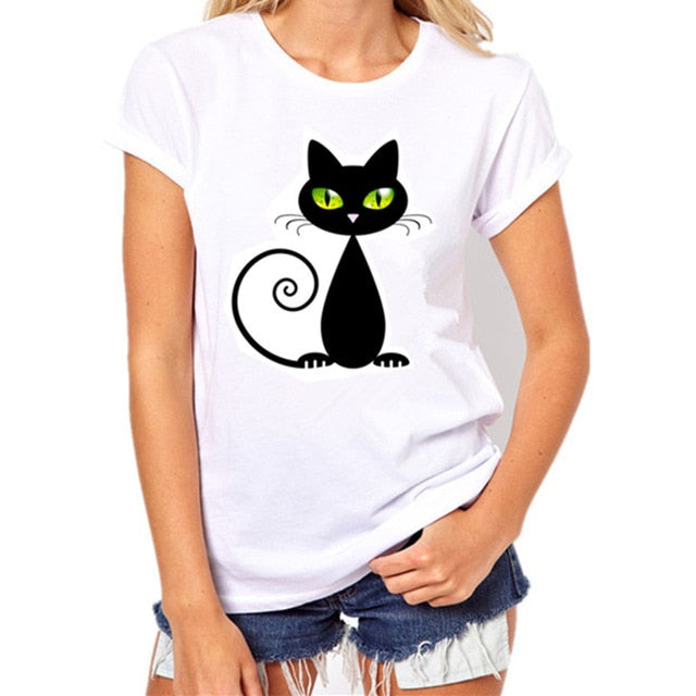 Women Short Sleeve O-neck Casual Funny Black Cat Tops Tees