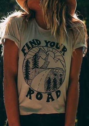 Find Your Road Print O-Neck T-Shirt