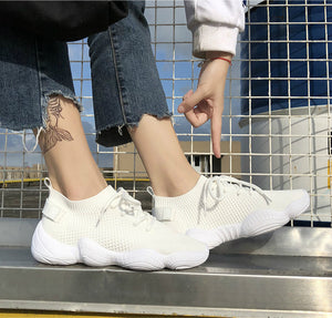 Women's Casual Flat Platform Flyknit Stretch Fabric Fashion Sneaker