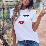 Pretty Cute Eye Lashes Red Lips Print Women T Shirt