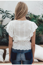 Women Elegant Ruffle High Waist Embroidery Cotton Shirt