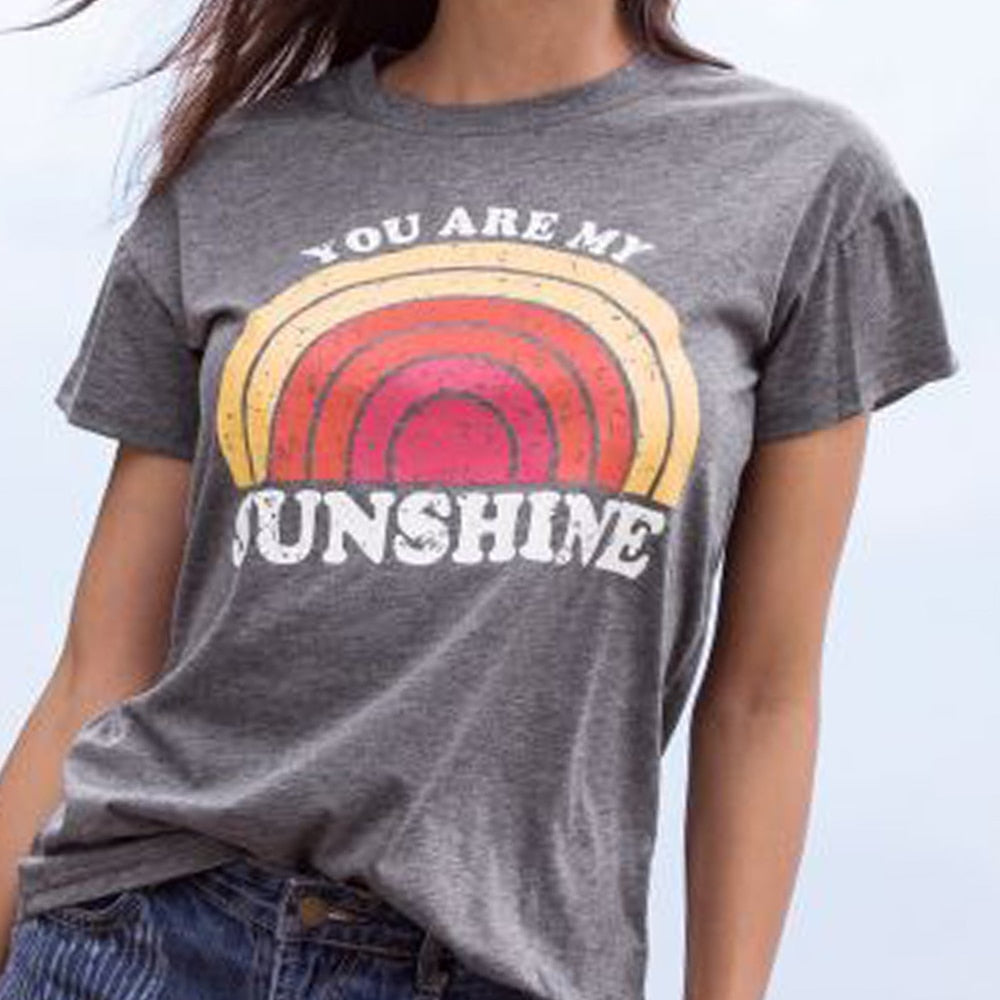 You Are My Sunshine Rainbow Print O-Neck T-Shirt