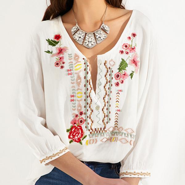 Bohemian Floral Casual V-Neckline 3/4 Sleeves Blouses
